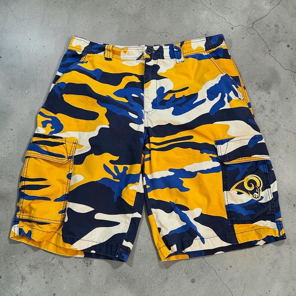 NFL Los Angeles Rams Camo Cargo Shorts Yellow Navy Blue Mens Size 36 Streetwear